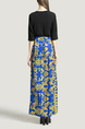 Black Blue and Yellow Slim V Neck Placket Front Linking Contrast Printed Band Belt Furcal Maxi Dress for Party Evening Cocktail