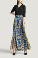 Black Blue and Yellow Slim V Neck Placket Front Linking Contrast Printed Band Belt Furcal Maxi Dress for Party Evening Cocktail
