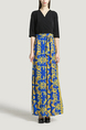 Black Blue and Yellow Slim V Neck Placket Front Linking Contrast Printed Band Belt Furcal Maxi Dress for Party Evening Cocktail