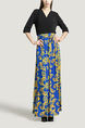 Black Blue and Yellow Slim V Neck Placket Front Linking Contrast Printed Band Belt Furcal Maxi Dress for Party Evening Cocktail