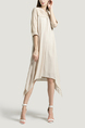 Beige Plus Size Loose Stand Collar Placket Front Lace Linking Asymmetrical Hem Knee Length Dress for Casual Party Office Evening