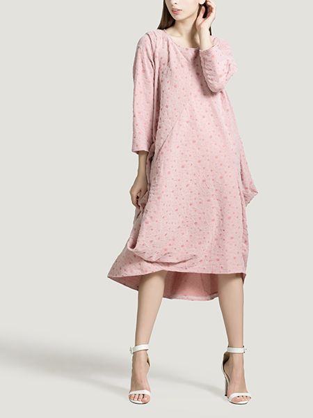 Pink Round Neck Loose Wave point Mesh Linking Irregular Long Sleeves Dress for Casual Party Evening