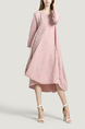 Pink Round Neck Loose Wave point Mesh Linking Irregular Long Sleeves Dress for Casual Party Evening