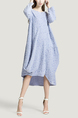 Blue Round Neck Loose Wave point Mesh Linking Irregular Long Sleeves Dress for Casual Party Evening