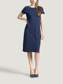 Navy Blue Round Neck Slim A-Line Knitted Stripe Knee Length Dress for Casual Party Office