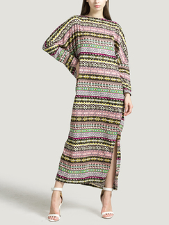 Colorful Plus Size Loose Bat Stripe Printed Furcal Maxi Long Sleeves Dress for Party Evening Cocktail