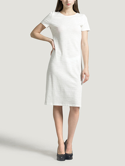 White Round Neck Slim A-Line Knitted Stripe Knee Length Dress for Casual Party Office