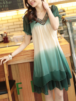 Dark green and White V Neck Plus Size Loose Slim Chiffon Printed Bead Two-Layered Above Knee Dress for Casual Party