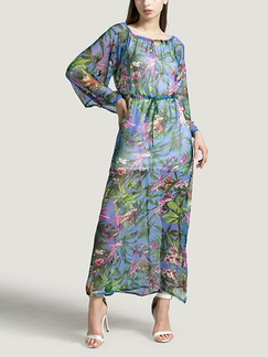 Blue and Colorful A-Line Plus Size Boat Neck Adjustable Chiffon Printed Drawstring Long Sleeves Maxi Floral Dress for Casual Beach