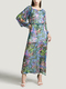 Blue and Colorful A-Line Plus Size Boat Neck Adjustable Chiffon Printed Drawstring Long Sleeves Maxi Floral Dress for Casual Beach
