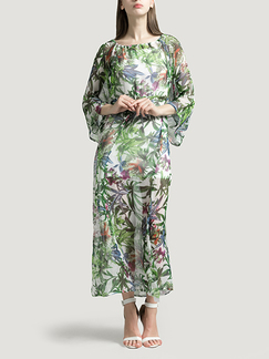 White and Colorful A-Line Plus Size Boat Neck Adjustable Chiffon Printed Drawstring Maxi Floral Dress for Casual Beach