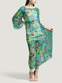 Green and Colorful A-Line Plus Size Boat Neck Adjustable Chiffon Printed Drawstring Maxi Floral Dress for Casual Beach