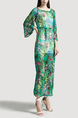 Green and Colorful A-Line Plus Size Boat Neck Adjustable Chiffon Printed Drawstring Maxi Floral Dress for Casual Beach