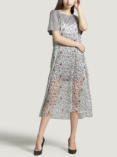 Grey and White  Round Neck T Shirt Knitted Sling Printed Two-Piece Midi Dress for Casual Party