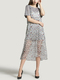 Grey and White  Round Neck T Shirt Knitted Sling Printed Two-Piece Midi Dress for Casual Party
