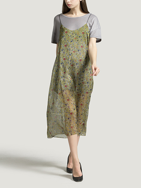 Grey and Yellow Round Neck T Shirt Knitted Sling Printed Two-Piece Dress for Casual Party