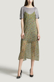 Grey and Yellow Round Neck T Shirt Knitted Sling Printed Two-Piece Dress for Casual Party