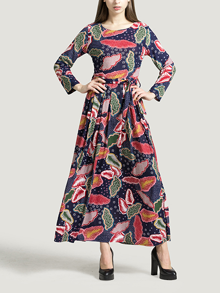 Colorful Round Neck Plus Size Full Skirt Linking Printed Long Sleeves Maxi Dress for Casual Party Evening