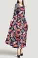 Colorful Round Neck Plus Size Full Skirt Linking Printed Long Sleeves Maxi Dress for Casual Party Evening