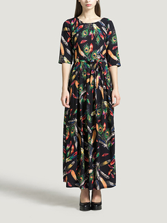Navy Blue and Colorful Round Neck Plus Size Full Skirt Linking Printed Maxi Dress for Casual Party