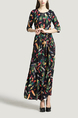 Navy Blue and Colorful Round Neck Plus Size Full Skirt Linking Printed Maxi Dress for Casual Party
