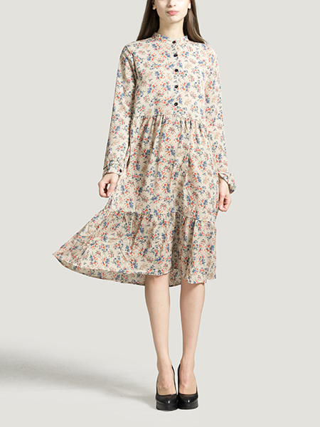 Cream and Colorful Loose Stand Collar Placket Front Single-breasted Linking Printed Long Sleeves Dress for Casual Party