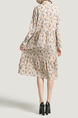 Cream and Colorful Loose Stand Collar Placket Front Single-breasted Linking Printed Long Sleeves Dress for Casual Party