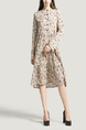 Cream and Colorful Loose Stand Collar Placket Front Single-breasted Linking Printed Long Sleeves Dress for Casual Party