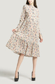 Cream and Colorful Loose Stand Collar Placket Front Single-breasted Linking Printed Long Sleeves Dress for Casual Party