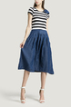 Blue White and Black Round Neck Slim Denim Stripe Linking Contrast Rhinestone Butterfly Knot Knee Length Dress for Casual Party Office