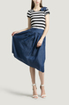 Blue White and Black Round Neck Slim Denim Stripe Linking Contrast Rhinestone Butterfly Knot Knee Length Dress for Casual Party Office