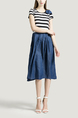 Blue White and Black Round Neck Slim Denim Stripe Linking Contrast Rhinestone Butterfly Knot Knee Length Dress for Casual Party Office