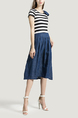 Blue White and Black Round Neck Slim Denim Stripe Linking Contrast Rhinestone Butterfly Knot Knee Length Dress for Casual Party Office