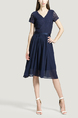 Navy Blue V Neck Slim Plus Size Chiffon Lace Linking Zipped Knee Length Fit & Flare Dress for Casual Party Evening Office