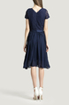 Navy Blue V Neck Slim Plus Size Chiffon Lace Linking Zipped Knee Length Fit & Flare Dress for Casual Party Evening Office