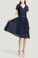 Navy Blue V Neck Slim Plus Size Chiffon Lace Linking Zipped Knee Length Fit & Flare Dress for Casual Party Evening Office
