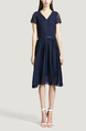 Navy Blue V Neck Slim Plus Size Chiffon Lace Linking Zipped Knee Length Fit & Flare Dress for Casual Party Evening Office