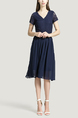 Navy Blue V Neck Slim Plus Size Chiffon Lace Linking Zipped Knee Length Fit & Flare Dress for Casual Party Evening Office