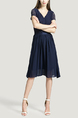 Navy Blue V Neck Slim Plus Size Chiffon Lace Linking Zipped Knee Length Fit & Flare Dress for Casual Party Evening Office
