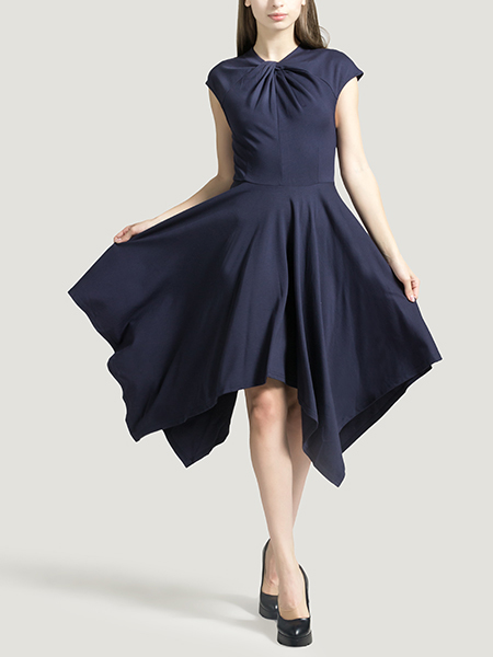 Navy Blue Slim Cowl Neck Linking Asymmetrical Hem Zipped A-Line Dress for Party Evening Cocktail Ball