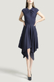 Navy Blue Slim Cowl Neck Linking Asymmetrical Hem Zipped A-Line Dress for Party Evening Cocktail Ball