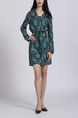 Dark Green and Colorful Plus Size V Neck Placket Front Furcal Buckled Printed Floral Above Knee Long Sleeve Dress for Casual Party Office