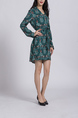 Dark Green and Colorful Plus Size V Neck Placket Front Furcal Buckled Printed Floral Above Knee Long Sleeve Dress for Casual Party Office