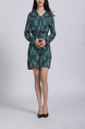 Dark Green and Colorful Plus Size V Neck Placket Front Furcal Buckled Printed Floral Above Knee Long Sleeve Dress for Casual Party Office