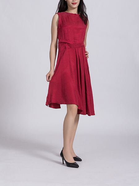 Wine red Round Neck Loose Full Skirt Linking Zipped Ruffled Knee Length Dress for Casual Office Party