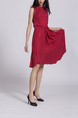 Wine red Round Neck Loose Full Skirt Linking Zipped Ruffled Knee Length Dress for Casual Office Party