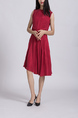 Wine red Round Neck Loose Full Skirt Linking Zipped Ruffled Knee Length Dress for Casual Office Party