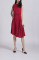 Wine red Round Neck Loose Full Skirt Linking Zipped Ruffled Knee Length Dress for Casual Office Party