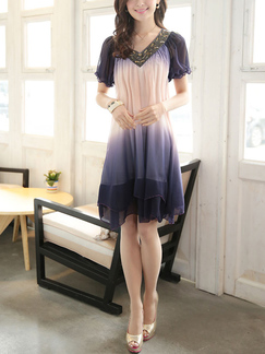 Purple and Colorful V Neck Plus Size Loose Slim Chiffon Printed Bead Two-Layered Above Knee Dress for Casual Party