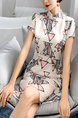 White and Colorful Chinese Stand Collar Plus Size Fishtail Geometric Pattern Above Knee Dress for Casual Party Office